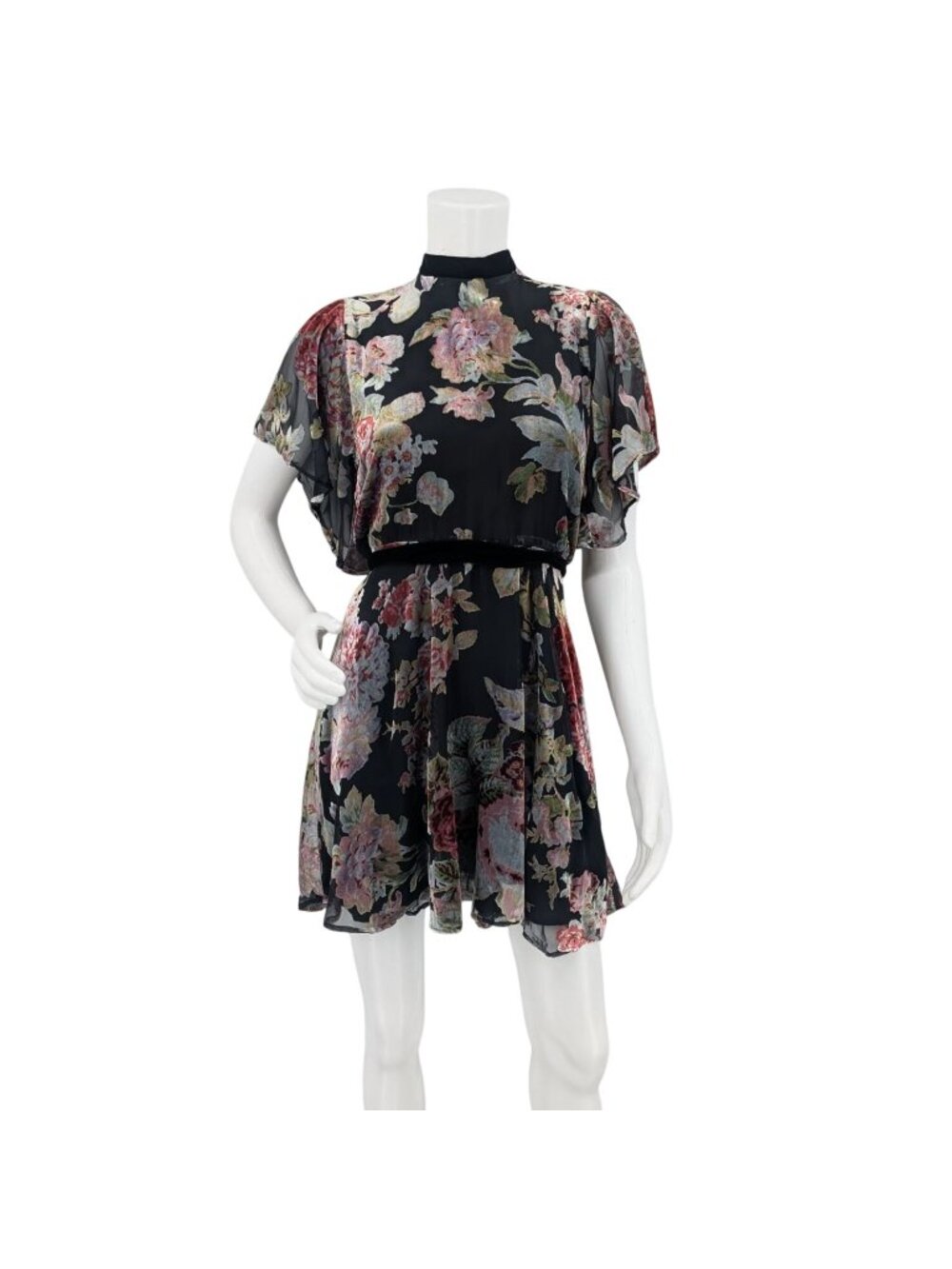 Floral Burnout Velvet Fit Flare Dress Mini Flutter Sleeve Whimsigoth Y2K Small
